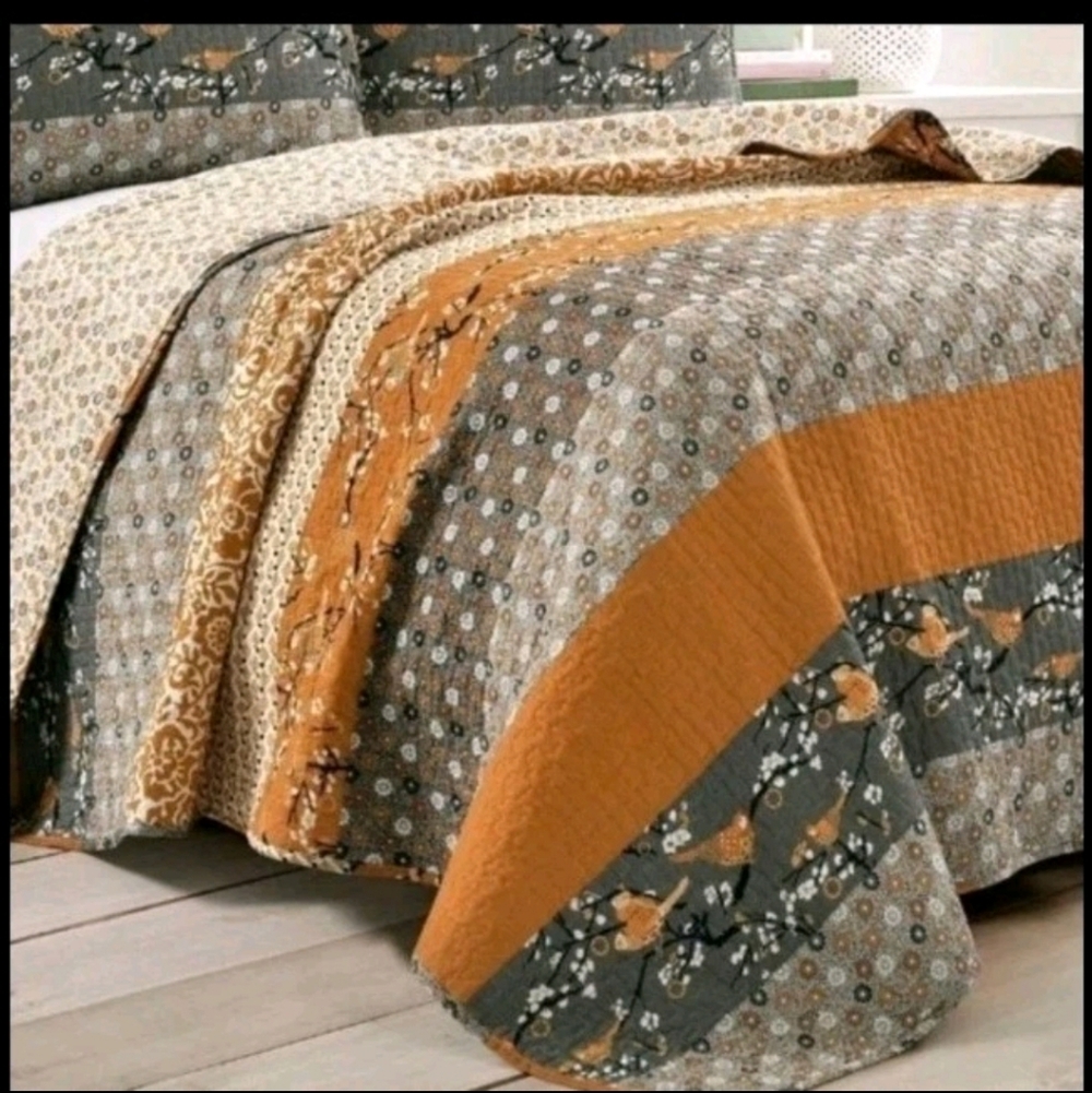 3pc Full/Queen Reversible Cotton Quilt Sham Set Rust Gray Bird Floral Lush Décor